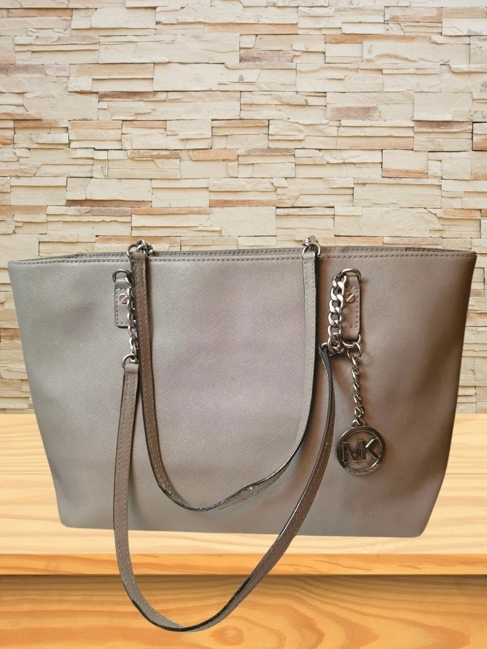 Michael Kors Large Saffiano Leather Beige Taupe Chain Tote Gold Accents